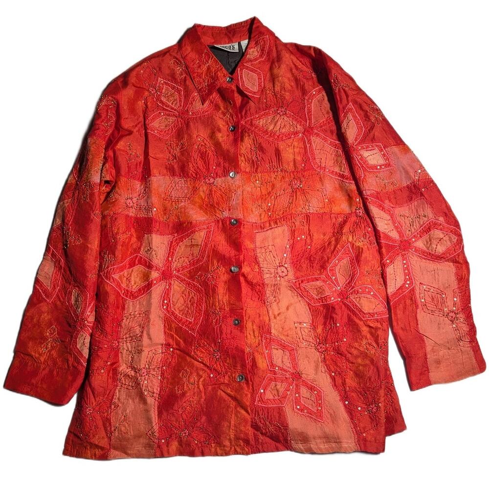 Vtg 1990s Chico's Red Orange 100% Silk Floral Embroidered Button Up Jacket 1 M